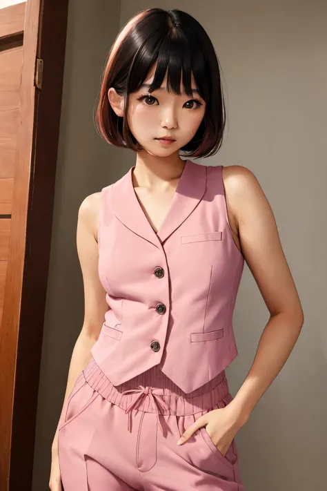 photo of a cute young Japanese woman posing on catwalk, bangs, btwaicoa, pink waist coat, sweatpants, detailed face, detailed sk...