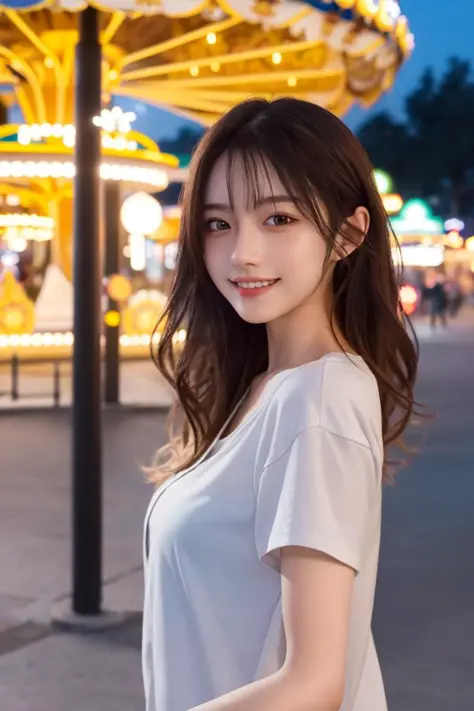 masterpiece, best quality, extremely detailed CG unity 8k wallpaper,
<lora:chinaDollLikeness_v10:0.7>,
a cute girl,
girlfriend, casual clothes, smile,
amusement park, at night, detailed background, from side,