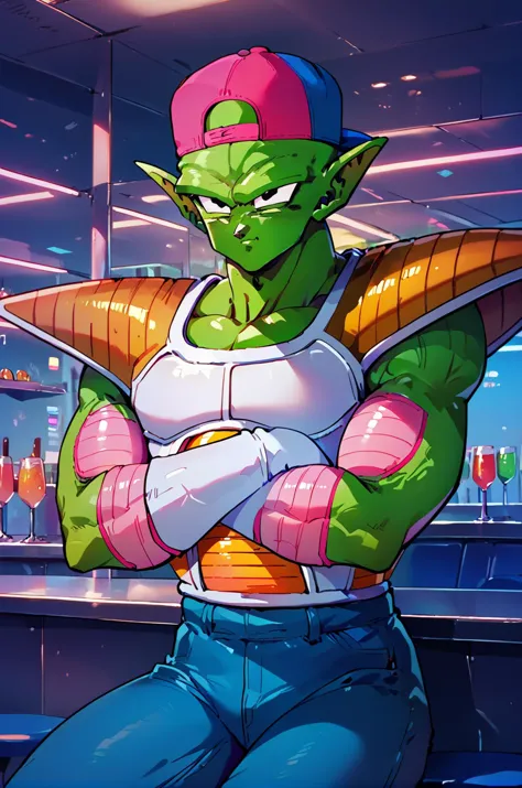 rating_safe, piccolo, green skin, pink patches, pointy ears, black eyes, blue baseball cap, backwards hat, jeans, score_9,  scor...