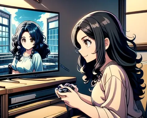 anime girl playing a video game on a tv with a remote control