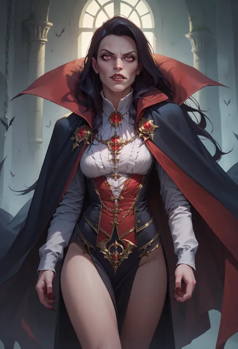 score_9, score_8_up, score_7_up, 1girl <lora:clamStrahdPDXL_v12:0.8> Strahd, vampire, long hair, black cape