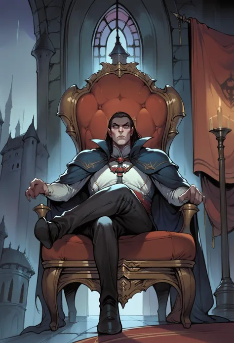 a man sitting on a throne with a sword in his hand