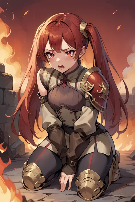 score_9, score_8_up, score_7_up, score_6_up, source_anime BREAK 1girl, solo, <lora:fesevera-pdxl-nvwls-v1-000005:1> defSevera, red hair, red eyes, twintails, shoulder armor, brown dress, short dress, brown sleeves, detached sleeves, belt, black leggings, armored boots, kneeling, looking at you, tears in eyes, open mouth, sad, fire, ash, red sky, smoke, burning