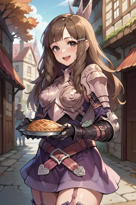 a woman in a dress holding a pie in a street