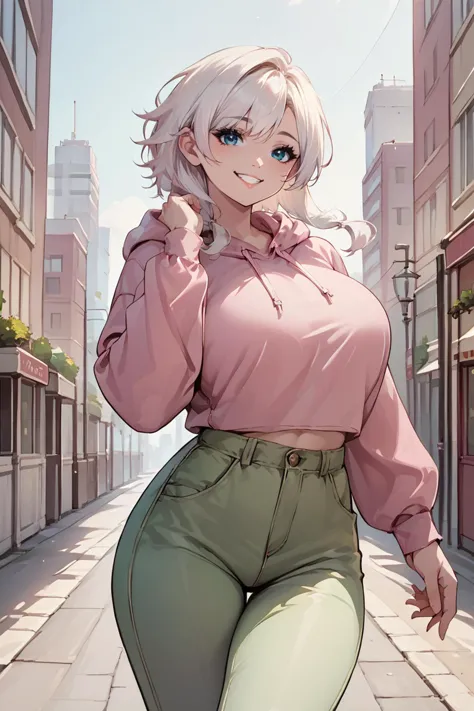 score_9, score_8_up, score_7_up, score_6_up, source_anime BREAK 1girl, solo  <lora:doaluna-pdxl-nvwls-v1-000005:1> doaLuna, white hair, large breasts, pink hoodie, green pants, smile, city, looking at you, happy