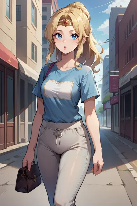 score_9, score_8_up, score_7_up, score_6_up, source_anime, BREAK 1girl, solo,  <lora:ff4rosa-pdxl-nvwls-v1-000005:1> ff4ros, blonde hair, blue eyes, circlet, blue t-shirt, handbag, grey pants, track pants, walking, city, looking at you, chestnut mouth