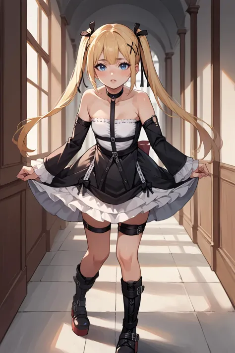 a woman in a maid outfit is standing in a hallway