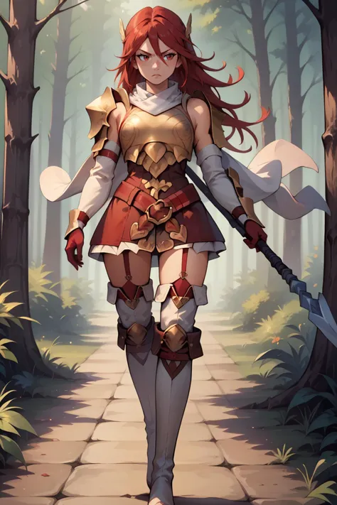 a woman in armor walking through a forest with a sword