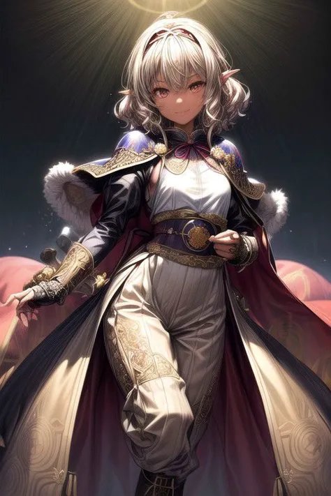 Nisei Muramasa, Nisei, 1girl, (Medium Hair, Curly hair), (Golden eyes),<lora:GoodHands-vanilla:1>blonde hair, Thinking Pose, Thinking, cinematic lighting, <lyco:lighting_loha:0.2>, (Covered Body), hairband, (Small), (Tight Pants, fur trim, armor, fingerless gloves, sash, brown boots, cape, Holding sword), Pants, happy smile,brown skin, dark skin, pointy ears, elf ears, ribbon, hairband, bangs, (masterpiece:1.1)intricate eyes,beautiful detailed eyes,symmetrical eyes, (dark-skinned female:1.2),  cute, dark skin, adorable, happy, (centered,scale to fit dimensions,Rule of thirds), (ultra detailed,extremely detailed),(photorealistic artwork:1.37),(extremely detailed CG unity 8k wallpaper),(((vibrant colors,vibrant theme))),(intricate),(masterpiece),(best quality), (((medieval man clothes, adventurer man clothing,winter coat))),(((intricate outfit,intricate clothes,embroidered outfit,ornate outfit,embroidered clothes,ornate clothes, Ornate Pants))), (dynamic pose:1.0),
((( tanned,shiny skin,shiny body,exaggerated shiny skin,illuminated skin))),