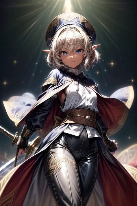 Nisei Muramasa, Nisei, 1girl, (Medium Hair, Diadem), (Blue eyes),<lora:GoodHands-vanilla:1>blonde hair, Thinking Pose, Thinking, cinematic lighting, <lyco:lighting_loha:0.2>, (Covered Body), (Small), (Tight Pants, armor, fingerless gloves, sash, brown boots, cape, Holding Sword, Ornate Sword, Jeweled Sword), Pants, happy smile,brown skin, dark skin, pointy ears, elf ears, ribbon, hairband, bangs, (masterpiece:1.1)intricate eyes,beautiful detailed eyes,symmetrical eyes, (dark-skinned female:1.2),  cute, dark skin, adorable, happy, (centered,scale to fit dimensions,Rule of thirds), (ultra detailed,extremely detailed),(photorealistic artwork:1.37),(extremely detailed CG unity 8k wallpaper),(((vibrant colors,vibrant theme))),(intricate),(masterpiece),(best quality), (((medieval man clothes, adventurer man clothing, Medieval Hat))),(((intricate outfit,intricate clothes,embroidered outfit,ornate outfit,embroidered clothes,ornate clothes, Ornate Pants))), (dynamic pose:1.0),
(((skin tanned,shiny skin,very shiny skin,shiny body,plastic glitter skin,exaggerated shiny skin,illuminated skin))),