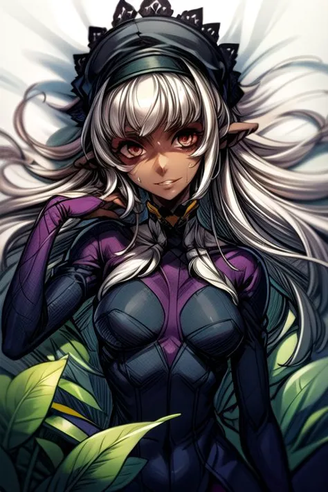 masterpiece, best quality, 
1girl, solo, flower, hairband, dress, Purple eyes, Long hair, white hair, unruly hair, wavy hair, unkempt hair, parted bangs, smile, hydrangea, Skin suit, bodysuit, Pilot Suit, grass, ,(((vibrant colors,vibrant theme))), dynamic angle, Sitting, sweating, dark elf, pointy ears, , dark skin, dark skinned female, pointy ears, elf ears, long ears, smiling, gentle smile, showing teeth, ,long ears, Dark Skin, Dark Skin Female, upper body, lying down, lying on back