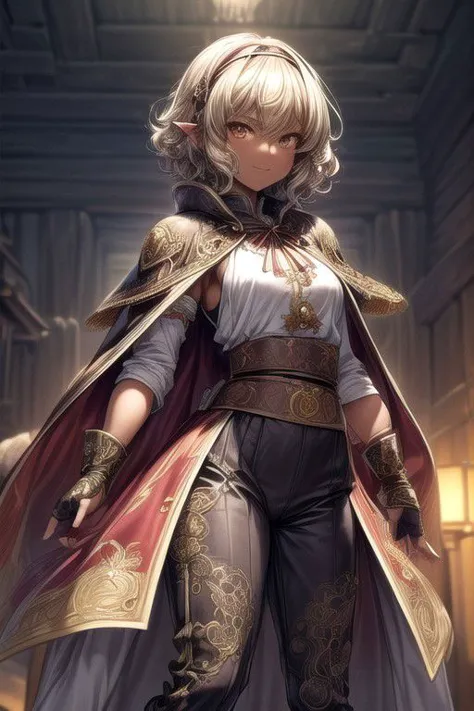 Nisei Muramasa, Nisei, 1girl, (Short Hair, Curly hair), (Golden eyes),<lora:GoodHands-vanilla:1>blonde hair, Thinking Pose, Thinking, cinematic lighting, <lyco:lighting_loha:0.2>, (Covered Body), hairband, (Small), (Tight Pants, fur trim, armor, fingerless gloves, sash, brown boots, cape), happy smile,brown skin, dark skin, pointy ears, elf ears, ribbon, hairband, bangs, (masterpiece:1.1)intricate eyes,beautiful detailed eyes,symmetrical eyes, (dark-skinned female:1.2),  cute, dark skin, adorable, happy, (centered,scale to fit dimensions,Rule of thirds), (ultra detailed,extremely detailed),(photorealistic artwork:1.37),(extremely detailed CG unity 8k wallpaper),(((vibrant colors,vibrant theme))),(intricate),(masterpiece),(best quality), (((medieval man clothes, adventurer man clothing,winter coat))),(((intricate outfit,intricate clothes,embroidered outfit,ornate outfit,embroidered clothes,ornate clothes, Ornate Pants))), (dynamic pose:1.0),