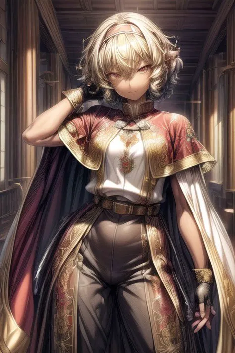 Nisei Muramasa, Nisei, 1girl, (Short Hair, Curly hair), (Golden eyes),<lora:GoodHands-vanilla:1>blonde hair, Thinking Pose, Thinking, cinematic lighting, <lyco:lighting_loha:0.2>, (Covered Body), hairband, (Small), (Tight Pants, fur trim, armor, fingerless gloves, sash, brown boots, cape), happy smile,brown skin, dark skin, pointy ears, elf ears, ribbon, hairband, bangs, (masterpiece:1.1)intricate eyes,beautiful detailed eyes,symmetrical eyes, (dark-skinned female:1.2),  cute, dark skin, adorable, happy, (centered,scale to fit dimensions,Rule of thirds), (ultra detailed,extremely detailed),(photorealistic artwork:1.37),(extremely detailed CG unity 8k wallpaper),(((vibrant colors,vibrant theme))),(intricate),(masterpiece),(best quality), (((medieval man clothes, adventurer man clothing,winter coat))),(((intricate outfit,intricate clothes,embroidered outfit,ornate outfit,embroidered clothes,ornate clothes, Ornate Pants))), (dynamic pose:1.0),