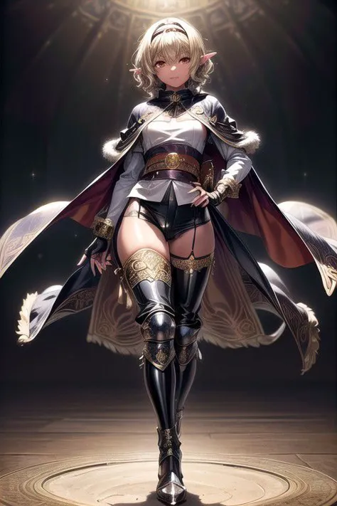 a woman in armor standing on a circular surface