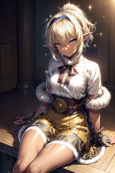 Nisei Muramasa, Nisei, 1girl, (Short Hair), Messy hair, blue eyes,,<lora:GoodHands-vanilla:1>blonde hair, Sitting down, Thinking Pose, Thinking, cinematic lighting, <lyco:lighting_loha:0.2>, (Covered Body), Ponytail, hairband, (Small), Long skirt, (Long skirt, fur trim, armor, fingerless gloves, sash, brown boots), happy smile,brown skin, dark skin, pointy ears, elf ears, ribbon, hairband, bangs, (masterpiece:1.1)intricate eyes,beautiful detailed eyes,symmetrical eyes, (dark-skinned female:1.2),  cute, dark skin, adorable, happy, (centered,scale to fit dimensions,Rule of thirds), (ultra detailed,extremely detailed),(photorealistic artwork:1.37),(extremely detailed CG unity 8k wallpaper),(((vibrant colors,vibrant theme))),(intricate),(masterpiece),(best quality), (((medieval man clothes, adventurer man clothing,winter coat))),(((intricate outfit,intricate clothes,embroidered outfit,ornate outfit,embroidered clothes,ornate clothes))), (dynamic pose:1.0),
(((lustrous skin:1.5,bright skin: 1.5,skin tanned,shiny skin,very shiny skin,shiny body,plastic glitter skin,exaggerated shiny skin,illuminated skin))),