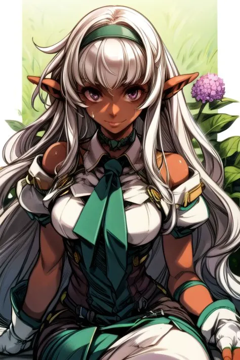 masterpiece, best quality, 
1girl, solo, flower, hairband, Purple eyes, Long hair, white hair, unruly hair, wavy hair, unkempt hair, parted bangs, smile, hydrangea, Skin suit, bodysuit, grass, ,(((vibrant colors,vibrant theme))), dynamic angle, Sitting, sweating, dark elf, pointy ears, , dark skin, dark skinned female, pointy ears, elf ears, long ears, smiling, gentle smile, showing teeth, ,long ears, Dark Skin, Dark Skin Female, upper body, green bodysuit,green necktie,choker,see-through,fingerless gloves,clothes writing,mechanical parts,white gloves