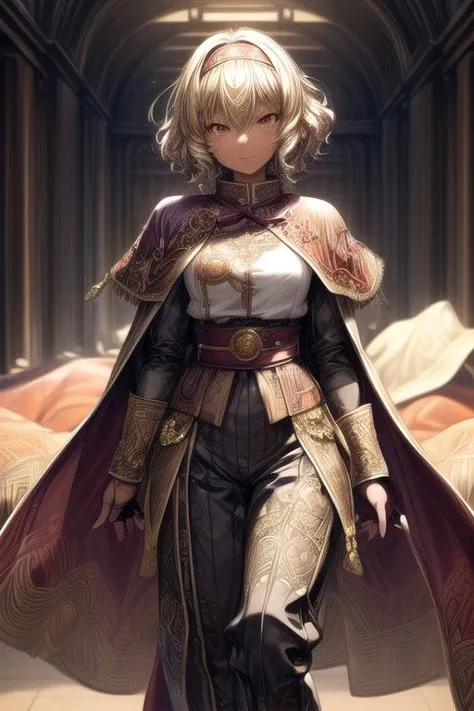 Nisei Muramasa, Nisei, 1girl, (Short Hair, Curly hair), (Golden eyes),<lora:GoodHands-vanilla:1>blonde hair, Thinking Pose, Thinking, cinematic lighting, <lyco:lighting_loha:0.2>, (Covered Body), hairband, (Small), (Tight Pants, fur trim, armor, fingerless gloves, sash, brown boots, cape), happy smile,brown skin, dark skin, pointy ears, elf ears, ribbon, hairband, bangs, (masterpiece:1.1)intricate eyes,beautiful detailed eyes,symmetrical eyes, (dark-skinned female:1.2),  cute, dark skin, adorable, happy, (centered,scale to fit dimensions,Rule of thirds), (ultra detailed,extremely detailed),(photorealistic artwork:1.37),(extremely detailed CG unity 8k wallpaper),(((vibrant colors,vibrant theme))),(intricate),(masterpiece),(best quality), (((medieval man clothes, adventurer man clothing,winter coat))),(((intricate outfit,intricate clothes,embroidered outfit,ornate outfit,embroidered clothes,ornate clothes, Ornate Pants))), (dynamic pose:1.0),