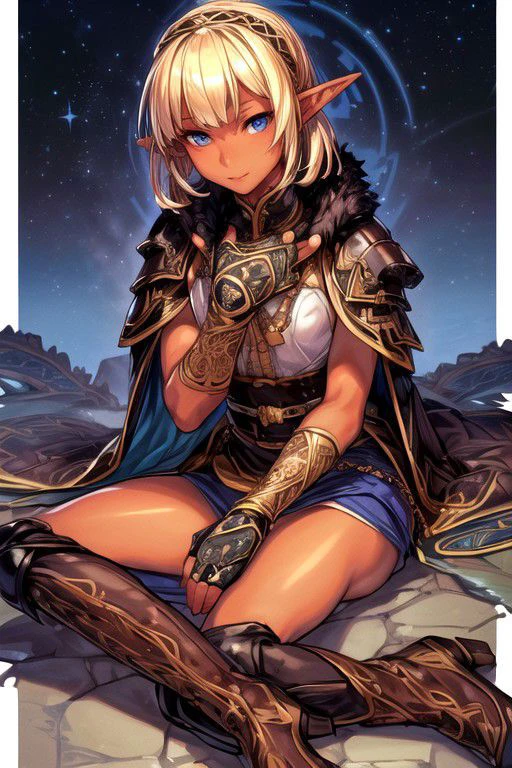 1girl, Short Hair, blue eyes,,blonde hair, Sitting down, Thinking Pose, Thinking, cinematic lighting, (Covered Body), Ponytail, hairband, (Small), (Long skirt, fur trim, armor, fingerless gloves, sash, brown boots), happy smile,brown skin, dark skin, pointy ears, elf ears, ribbon, hairband, bangs, (masterpiece:1.1)intricate eyes,beautiful detailed eyes,symmetrical eyes, (dark-skinned female:1.2),  cute, dark skin, adorable, happy, (centered,scale to fit dimensions,Rule of thirds), (ultra detailed,extremely detailed),(photorealistic artwork:1.37),(extremely detailed CG unity 8k wallpaper),(((vibrant colors,vibrant theme))),(intricate),(masterpiece),(best quality), (((medieval man clothes, adventurer man clothing,winter coat))),(((intricate outfit,intricate clothes,embroidered outfit,ornate outfit,embroidered clothes,ornate clothes))), (dynamic pose:1.0),
(((lustrous skin:1.5,bright skin: 1.5,skin tanned,shiny skin,very shiny skin,shiny body,plastic glitter skin,exaggerated shiny skin,illuminated skin))),