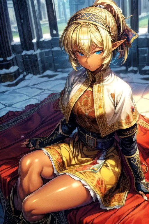 1girl, Short Hair, blue eyes,,blonde hair, Sitting down, Thinking Pose, Thinking, cinematic lighting, (Covered Body), Ponytail, hairband, (Small), (Long skirt, fur trim, armor, fingerless gloves, sash, brown boots), happy smile,brown skin, dark skin, pointy ears, elf ears, ribbon, hairband, bangs, (masterpiece:1.1)intricate eyes,beautiful detailed eyes,symmetrical eyes, (dark-skinned female:1.2),  cute, dark skin, adorable, happy, (centered,scale to fit dimensions,Rule of thirds), (ultra detailed,extremely detailed),(photorealistic artwork:1.37),(extremely detailed CG unity 8k wallpaper),(((vibrant colors,vibrant theme))),(intricate),(masterpiece),(best quality), (((medieval man clothes, adventurer man clothing,winter coat))),(((intricate outfit,intricate clothes,embroidered outfit,ornate outfit,embroidered clothes,ornate clothes))), (dynamic pose:1.0),
(((lustrous skin:1.5,bright skin: 1.5,skin tanned,shiny skin,very shiny skin,shiny body,plastic glitter skin,exaggerated shiny skin,illuminated skin))),
