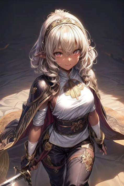 Nisei Muramasa, Nisei, 1girl, (Medium Hair, Curly hair), (Golden eyes),<lora:GoodHands-vanilla:1>blonde hair, Thinking Pose, Thinking, cinematic lighting, <lyco:lighting_loha:0.2>, (Covered Body), hairband, (Small), (Tight Pants, fur trim, armor, fingerless gloves, sash, brown boots, cape, Holding sword), Pants, happy smile,brown skin, dark skin, pointy ears, elf ears, ribbon, hairband, bangs, (masterpiece:1.1)intricate eyes,beautiful detailed eyes,symmetrical eyes, (dark-skinned female:1.2),  cute, dark skin, adorable, happy, (centered,scale to fit dimensions,Rule of thirds), (ultra detailed,extremely detailed),(photorealistic artwork:1.37),(extremely detailed CG unity 8k wallpaper),(((vibrant colors,vibrant theme))),(intricate),(masterpiece),(best quality), (((medieval man clothes, adventurer man clothing,winter coat))),(((intricate outfit,intricate clothes,embroidered outfit,ornate outfit,embroidered clothes,ornate clothes, Ornate Pants))), (dynamic pose:1.0),
((( tanned,shiny skin,shiny body,exaggerated shiny skin,illuminated skin))),