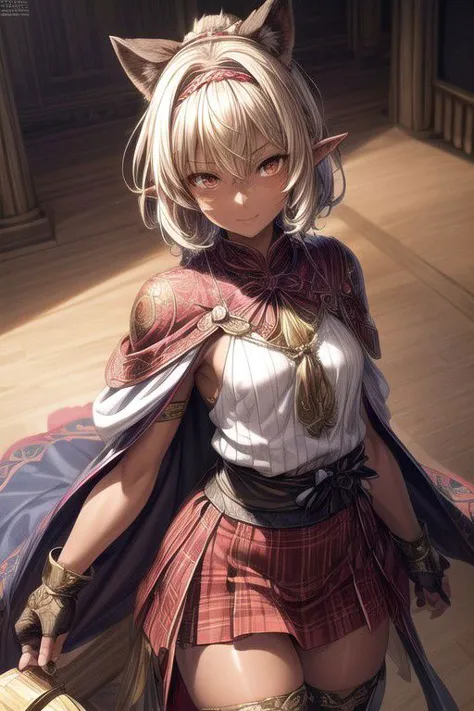 Nisei Muramasa, Nisei, 1girl, red plaid skirt, (Short Hair), Curly hair, (Golden eyes),<lora:GoodHands-vanilla:1>blonde hair, Thinking Pose, Thinking, cinematic lighting, <lyco:lighting_loha:0.2>, (Covered Body), Ponytail, hairband, (Small), Long skirt, (blue dress, Tight Pants, fur trim, armor, fingerless gloves, sash, brown boots, cape), happy smile,brown skin, dark skin, pointy ears, elf ears, ribbon, hairband, bangs, (masterpiece:1.1)intricate eyes,beautiful detailed eyes,symmetrical eyes, (dark-skinned female:1.2),  cute, dark skin, adorable, happy, (centered,scale to fit dimensions,Rule of thirds), (ultra detailed,extremely detailed),(photorealistic artwork:1.37),(extremely detailed CG unity 8k wallpaper),(((vibrant colors,vibrant theme))),(intricate),(masterpiece),(best quality), (((medieval man clothes, adventurer man clothing,winter coat))),(((intricate outfit,intricate clothes,embroidered outfit,ornate outfit,embroidered clothes,ornate clothes))), (dynamic pose:1.0),
(((lustrous skin:1.5,bright skin: 1.5,skin tanned,shiny skin,very shiny skin,shiny body,plastic glitter skin,exaggerated shiny skin,illuminated skin))),