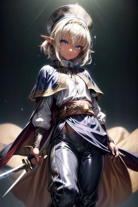 Nisei Muramasa, Nisei, 1girl, (Medium Hair, Diadem), (Blue eyes),<lora:GoodHands-vanilla:1>blonde hair, Thinking Pose, Thinking, cinematic lighting, <lyco:lighting_loha:0.2>, (Covered Body), (Small), (Tight Pants, armor, fingerless gloves, sash, brown boots, cape, Holding Sword, Ornate Sword, Jeweled Sword), Pants, happy smile,brown skin, dark skin, pointy ears, elf ears, ribbon, hairband, bangs, (masterpiece:1.1)intricate eyes,beautiful detailed eyes,symmetrical eyes, (dark-skinned female:1.2),  cute, dark skin, adorable, happy, (centered,scale to fit dimensions,Rule of thirds), (ultra detailed,extremely detailed),(photorealistic artwork:1.37),(extremely detailed CG unity 8k wallpaper),(((vibrant colors,vibrant theme))),(intricate),(masterpiece),(best quality), (((medieval man clothes, adventurer man clothing, Medieval Hat))),(((intricate outfit,intricate clothes,embroidered outfit,ornate outfit,embroidered clothes,ornate clothes, Ornate Pants))), (dynamic pose:1.0),
(((skin tanned,shiny skin,very shiny skin,shiny body,plastic glitter skin,exaggerated shiny skin,illuminated skin))),