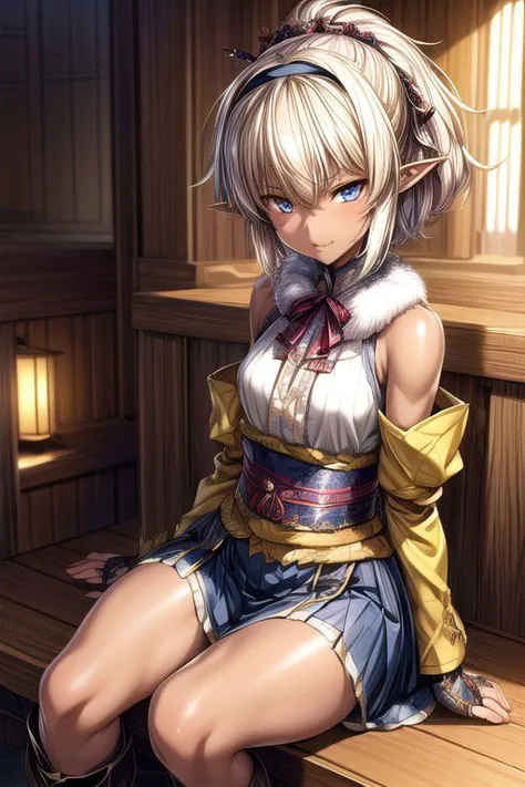 Nisei Muramasa, Nisei, 1girl, Small, (Short Hair), Messy hair, (Deep blue eyes),<lora:GoodHands-vanilla:1>blonde hair, Sitting d...