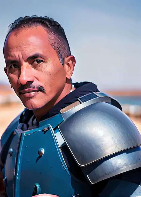 RAW photo,a man manoelgome wearing blue armor,looking at viewer(high detailed skin:1.2), 8k uhd, dslr, soft lighting, high quality, film grain, Fujifilm XT3 <hypernet:manoelgome:1>