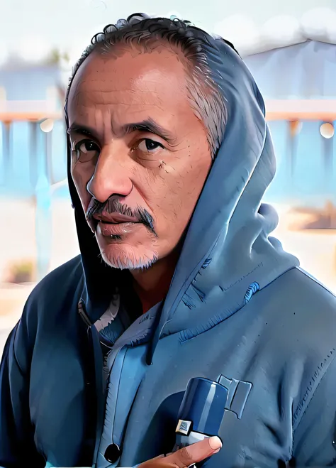 raw photo,a man manoelgome wearing blue wizard hoodies holding a blue pen,looking at viewer(high detailed skin:1.2), 8k uhd, dsl...