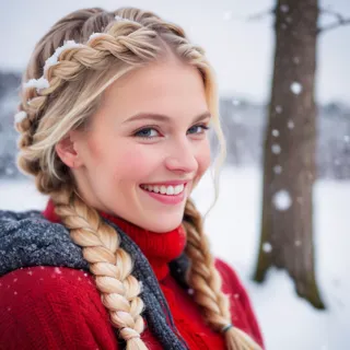 portrait of a beautiful woman, norwegian, braided hair, winter, outdoors, snow, closeup, blond, shy, smiling, colorful, red luse...