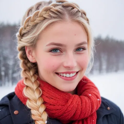 portrait of a beautiful woman, norwegian, braided hair, winter, outdoors, snow, closeup, blond, shy, smiling, colorful, red luse...