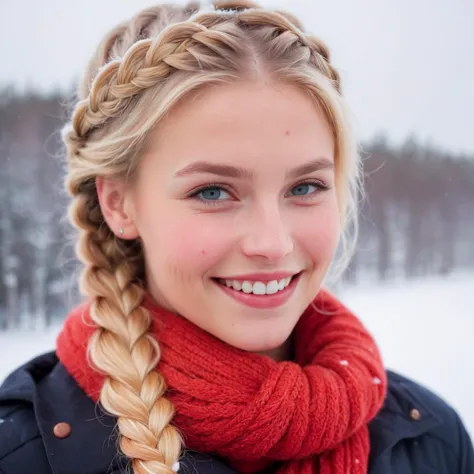 portrait of a beautiful woman, norwegian, braided hair, winter, outdoors, snow, closeup, blond, shy, smiling, colorful, red lusekofte,