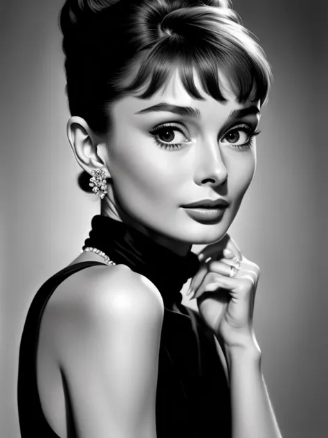 a stylish portrait of Audrey Hepburn, close up, high detail, grayscale, beautiful,