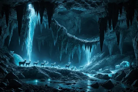 inside a glacier cave, waterfall, (night:1.3), moonlight,  mysterious glowing animals,  <lora:add-detail-xl:3>,  <lora:Bio-Lumin...