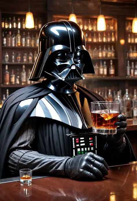 darth vader, sits in a bar, club, glass of whiskey in a hand, close up, realistic, high quality,