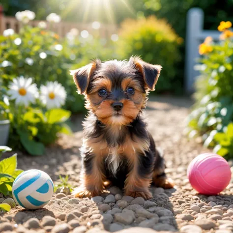 a tiny Yorkshire terrier puppy playing with a ball in the garden, midday, summer, volumetric light,  <lora:add-detail-xl:3>