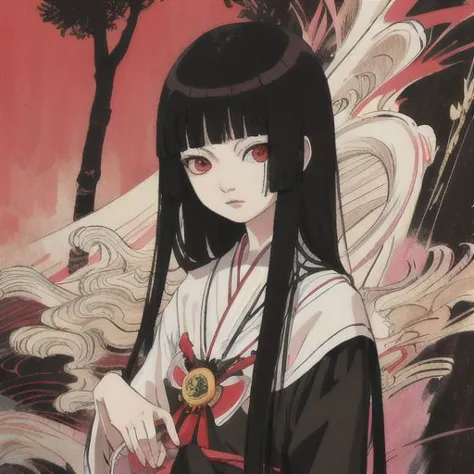 anime girl with long black hair and red eyes holding a sword