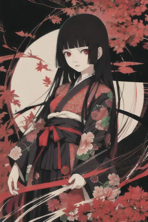 enma ai, hair down, hair black, bangs, eyes red, masterpiece, best quality, ultra-detailed, illustration, 1girl, solo, highres, ...