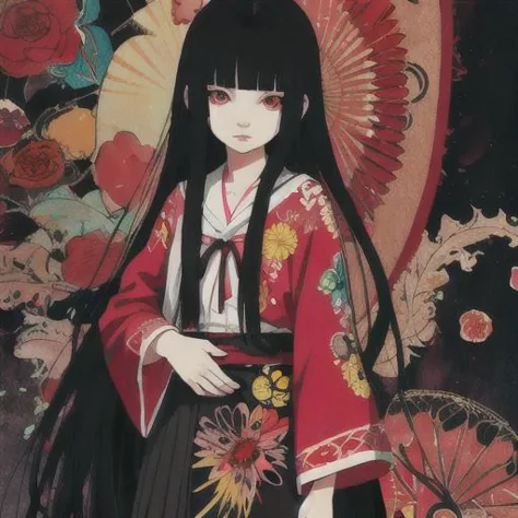 anime girl in kimono outfit with umbrella and flowers