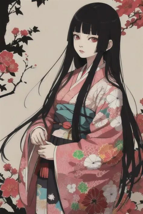 enma ai, hair down, hair black, bangs, eyes red, masterpiece, best quality, ultra-detailed, illustration, 1girl, solo, highres, photorealistic, ultra high res, (Original illustration composition), (fusion of limited color,Maximalism artstyle, kimono fashion