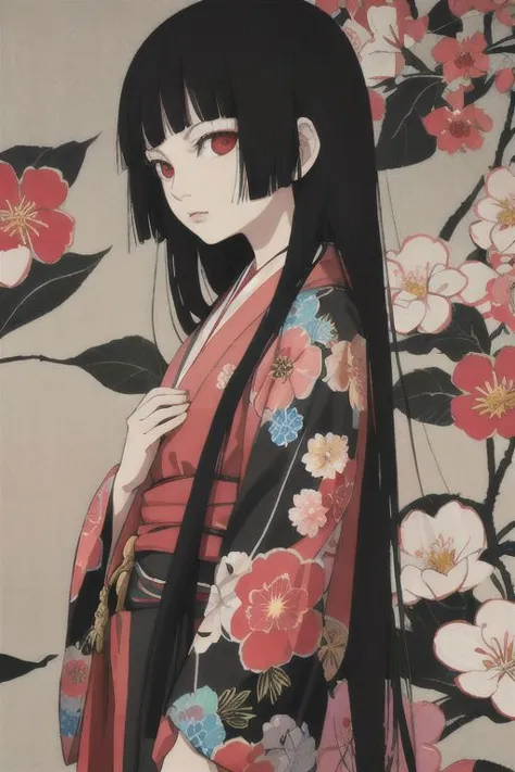 enma ai, hair down, hair black, bangs, eyes red, masterpiece, best quality, ultra-detailed, illustration, 1girl, solo, highres, ...