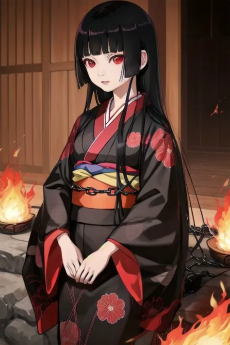 enma_ai 1girl, solo, hair down, hair black, bangs hair, eyes red, kimono black, masterpiece, best quality, high quality, fire, h...