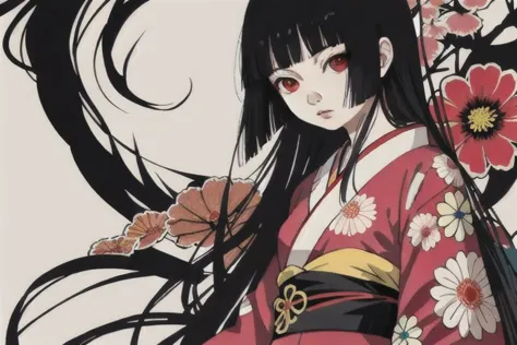 anime girl with long black hair and red eyes in a kimono