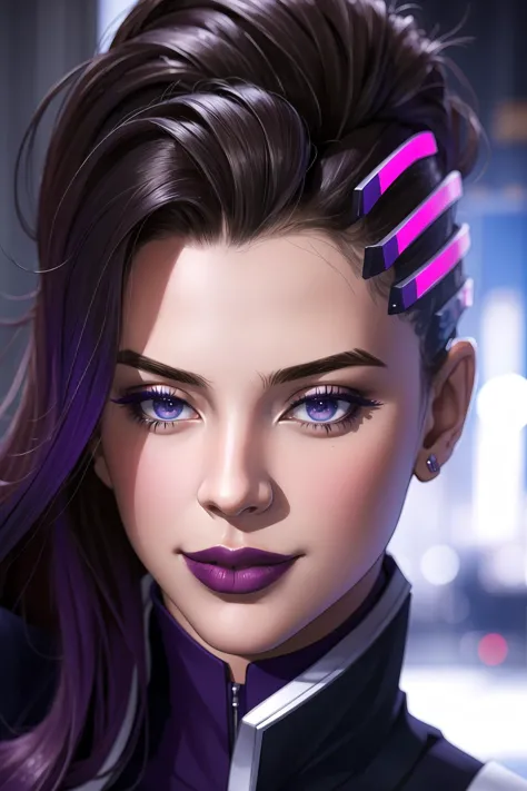 best quality, intricate details,realistic, photorealistic, 


  <lora:sombraOverwatchLORA_v2:0.8> sombra, lipstick,