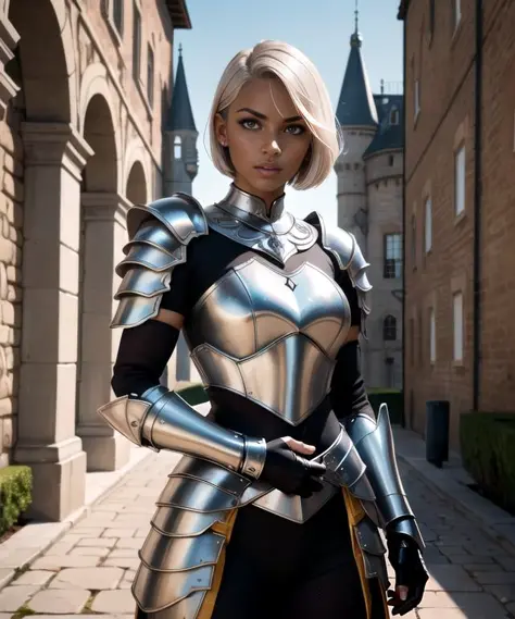 woman in her 20s, (dark skin:1.2), (perfect face), defined jawline, beautiful lips, (beautiful bright yellow eyes),  (short white bob haircut:1.2), (perfect anatomy), (athletic body), (sexy), (intricate heavy -plated armor), (metal gauntlets), (big pauldrons), (perfect hands), (hands on the side of waist), looking at viewer, (medium shot photograph), (castle grounds background), photorealistic