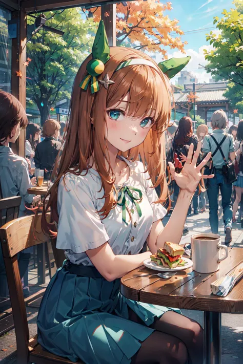 anime girl sitting at a table with a plate of food