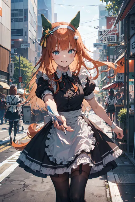 anime girl in a maid outfit walking down a street