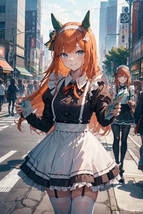 anime girl in maid outfit walking down the street with a book