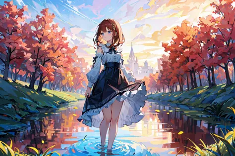 anime girl standing in a river with a bow in her hand