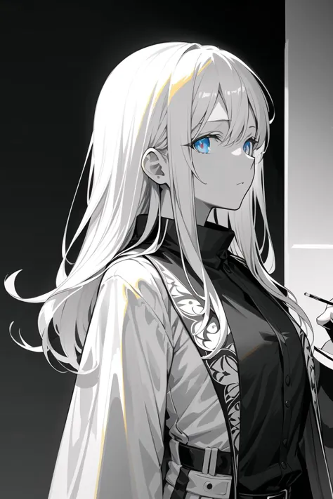 anime girl with long white hair and blue eyes holding a cell phone